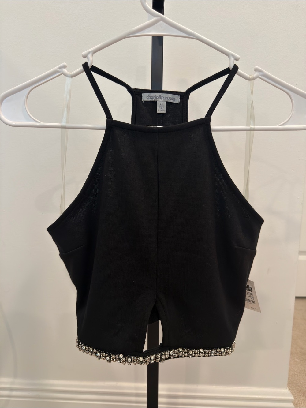NWT Charlotte Russe Black Rhinestone Beaded Halter Top-xs